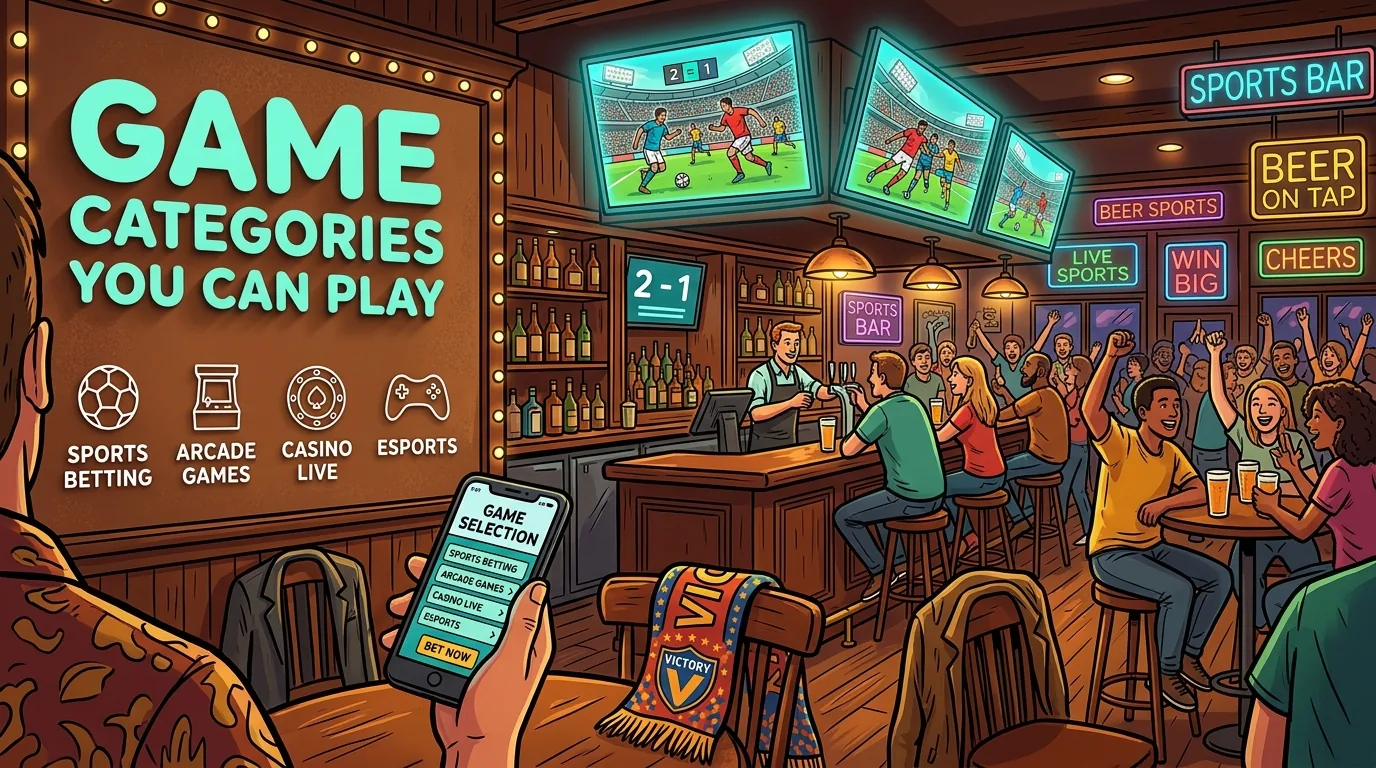 Sports bar scene with diverse game categories displayed on screens.