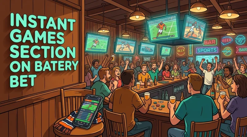 A vibrant sports bar with big screens, showing betting action and instant games.